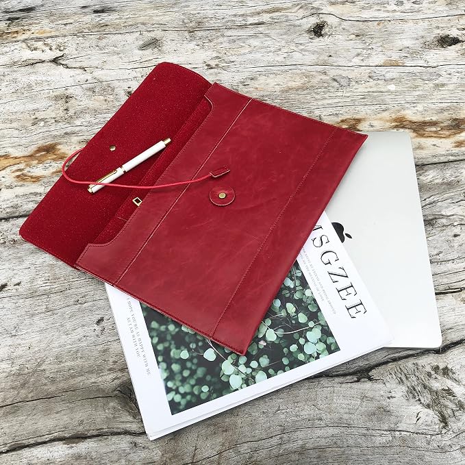 Vintage pu Leather 13.5" Certificate File Sleeve Case Business Manila Clutch Envelope Bag Office Documents Folder (Wine red)