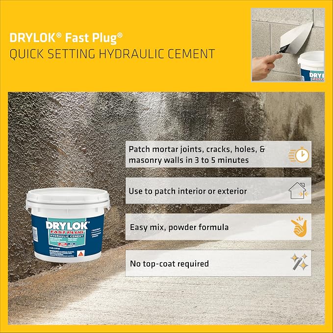 UGL DRYLOK Fast Plug Hydraulic Cement, 4 lb – Stops Water Leaks Instantly, Sets in 3-5 Minutes, Ideal for Masonry Cracks, Gray