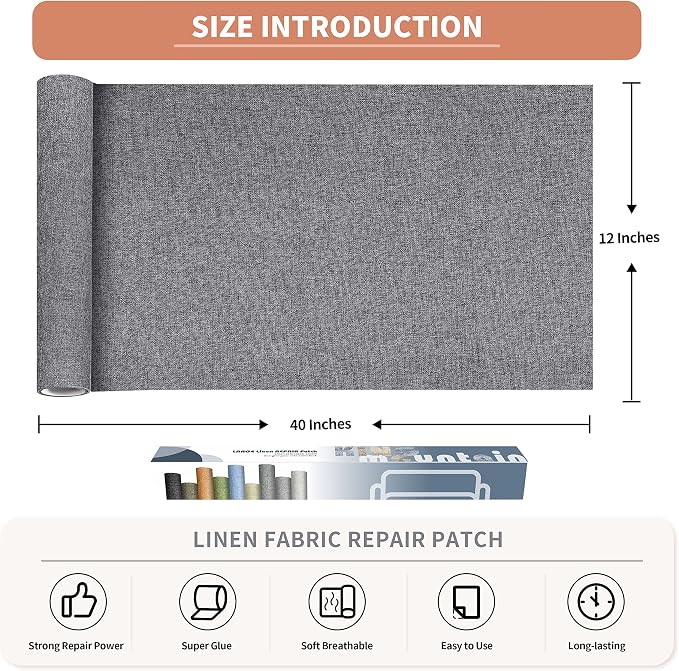 Fine Linen Fabric Patches, Self-Adhesive, Extra Large 12x40 Inch, Multi Color, for Sofa & Furniture Repair
