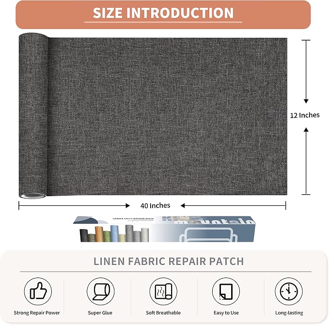 KING MOUNTAIN Fine Linen Repair Patches, Self-Adhesive Linen Fabric Patches, 12X40 inch Extra Size, Multi Color, Can be Used for Linen Sofa Repair (12" x 40",Dark Grey 2.0)