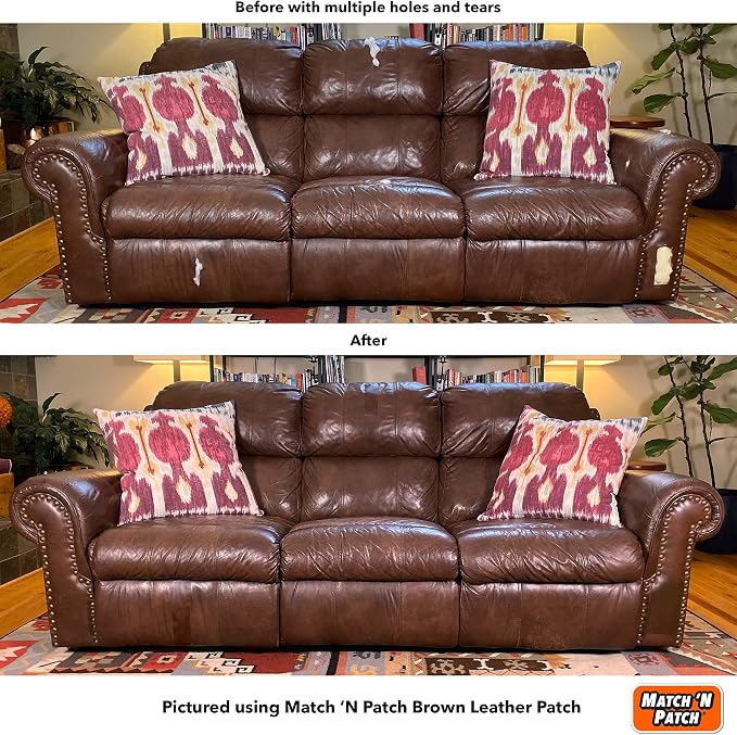 MATCH 'N PATCH Brown Leather Repair Tape, 6" x 14" for Furniture | Realistic Faux Leather Patches for Couch, Sofa, Upholstery, Car Seat & Other Furniture, Vinyl Repair Kit, Self Adhesive Patch