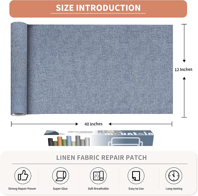 Fine Linen Repair Patches, Self-Adhesive Linen Fabric Patches, 12X40 inch Extra Size, Multi Color, Can be Used for Linen Sofa Repair (12" x 40",Blue Grey)