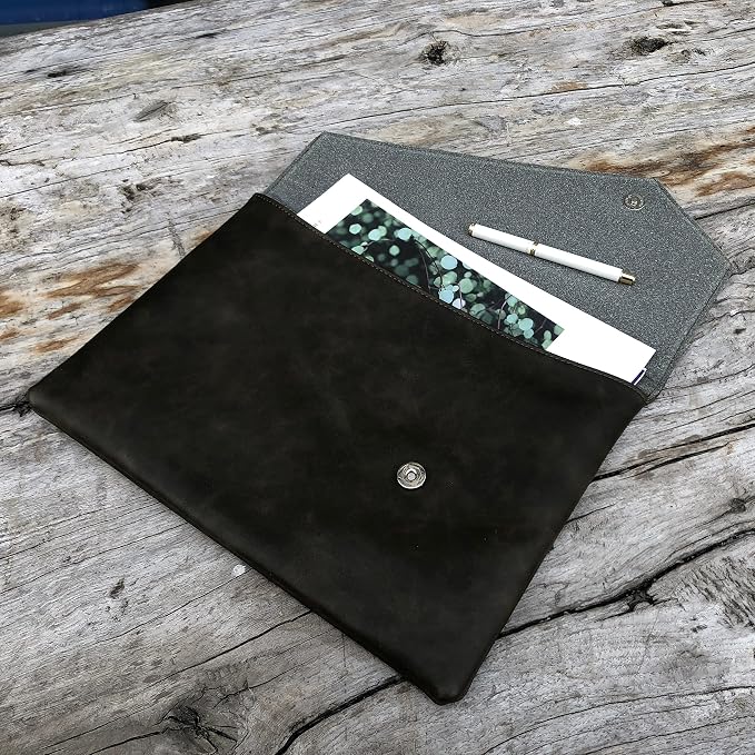Vintage Leather 13.5" Business Clutch Envelope Bag Documents Certificate Laptop Sleeve Case Office File Folder (Army Green)