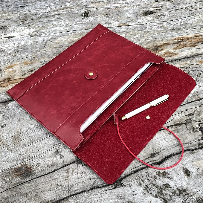 Vintage pu Leather 13.5" Certificate File Sleeve Case Business Manila Clutch Envelope Bag Office Documents Folder (Wine red)