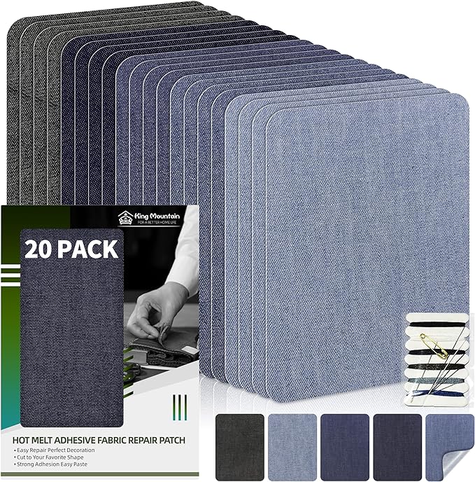 KING MOUNTAIN Iron-on Repair Patch 20 Pcs Pack,Denim Patches for Jeans Kit 3" by 4-1/4",100% Cotton Denim Iron-on Repair Patch,Jeans and Clothing Repair and Decoration Kit (Five Color 1.0)