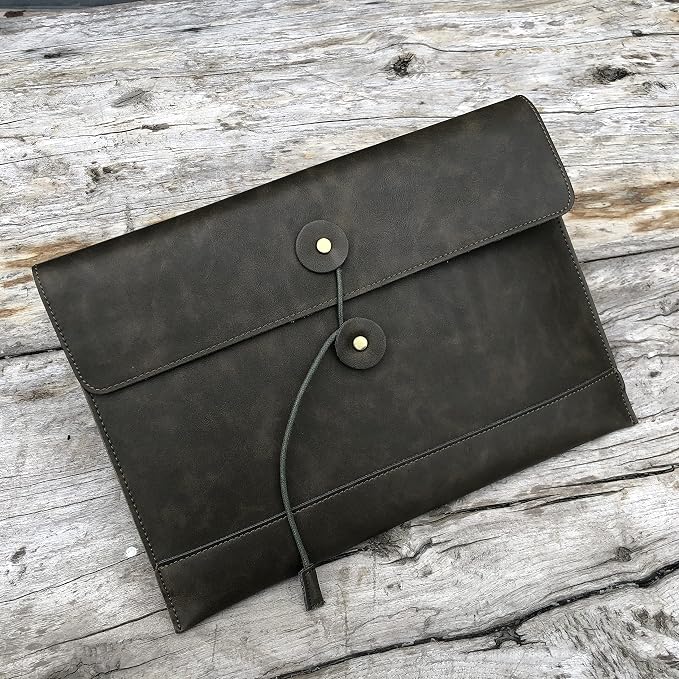 Vintage pu Leather 13.5" Certificate File Sleeve Case Business Manila Clutch Envelope Bag Office Documents Folder (Army Green)